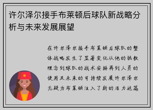 许尔泽尔接手布莱顿后球队新战略分析与未来发展展望