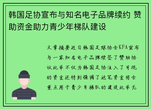 韩国足协宣布与知名电子品牌续约 赞助资金助力青少年梯队建设