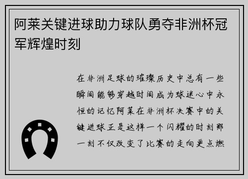 阿莱关键进球助力球队勇夺非洲杯冠军辉煌时刻 阿莱关键进球助力球队勇夺非洲杯冠军辉煌时刻
