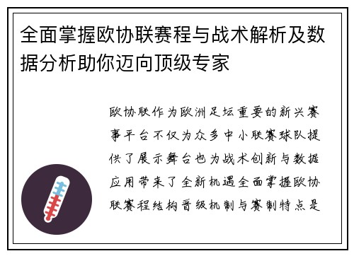 全面掌握欧协联赛程与战术解析及数据分析助你迈向顶级专家